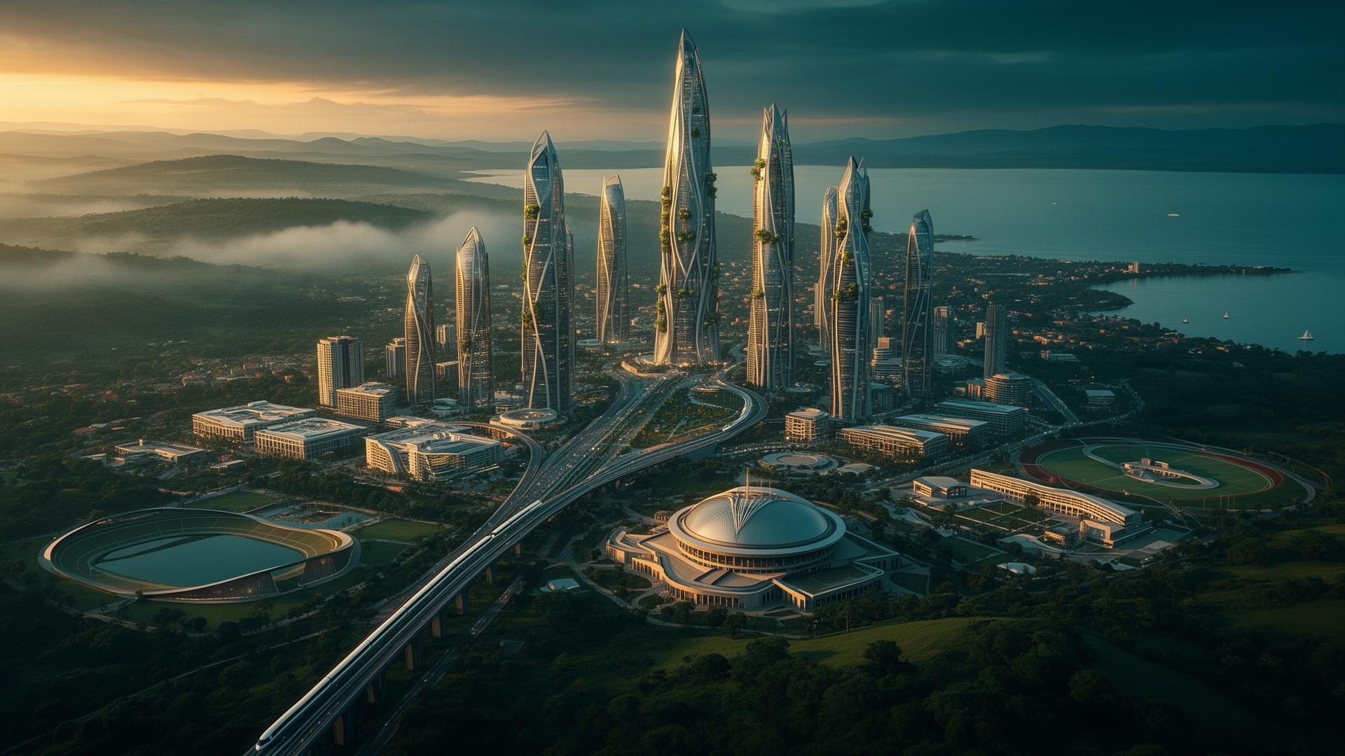 Aerial visualization of Prosperia City rising beside Lake Tanganyika at dawn